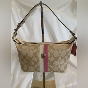 Coach Heritage Signature Monogram Mini Demi Shoulder Bag, Khaki & Pink stripe
